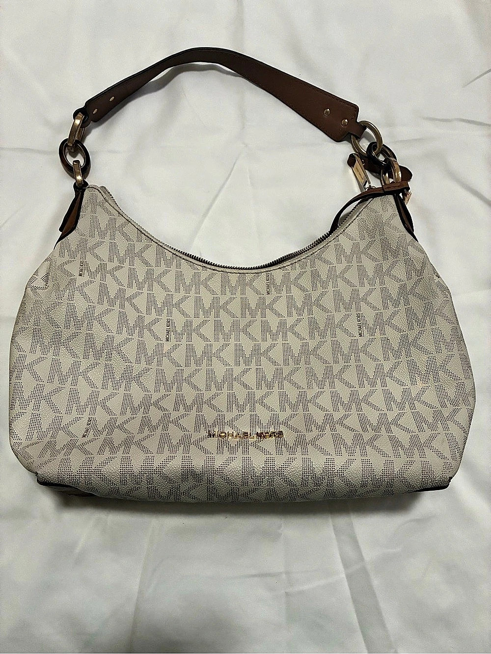 Michael Kors Nolita Large Signature Logo Hobo Shoulder Bag, White & Brown
